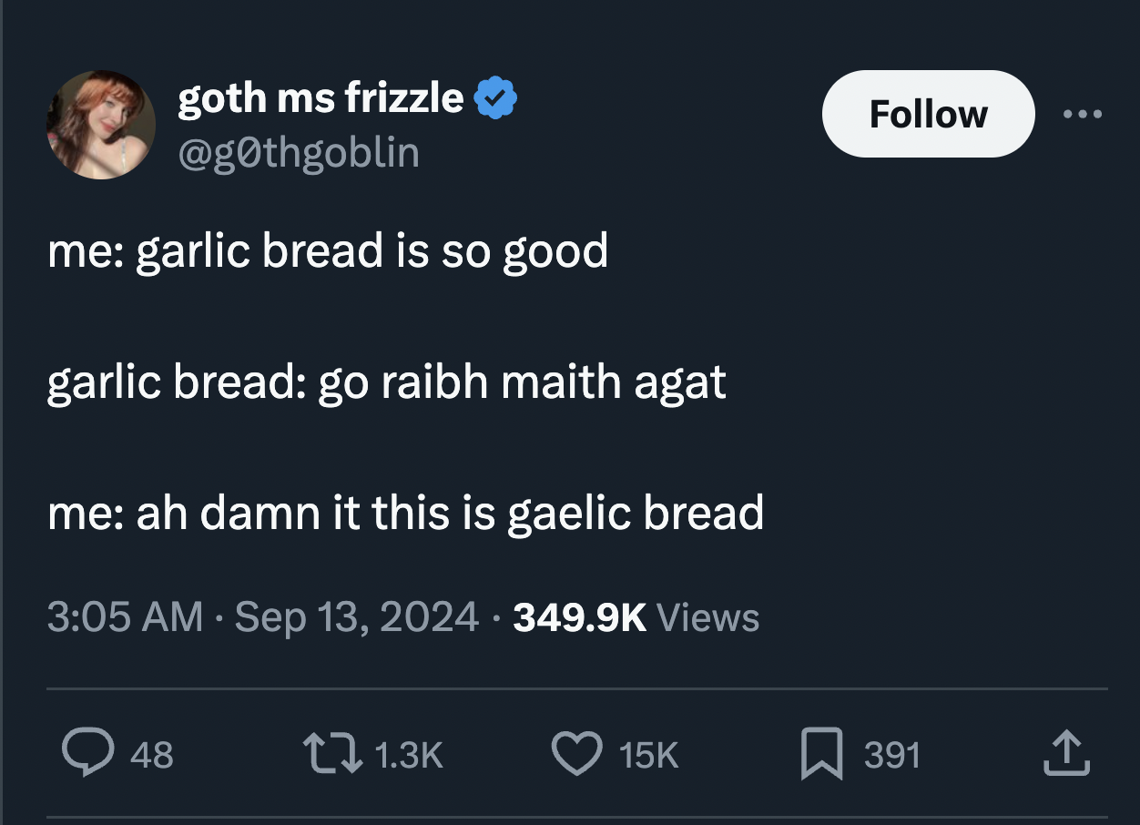 screenshot - ... goth ms frizzle me garlic bread is so good garlic bread go raibh maith agat me ah damn it this is gaelic bread Views 48 15K 391